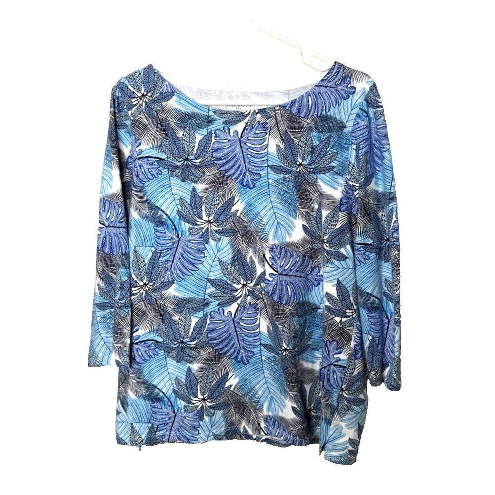 Talbots 3/4 Sleeve T-Shirt Blue White Floral Tropical Palm Print Stretch Cotton